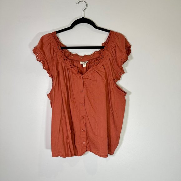 Fire-Coral/Rust Lace Trim Short Sleeve Button Down Shirt XXL - Picture 2 of 8